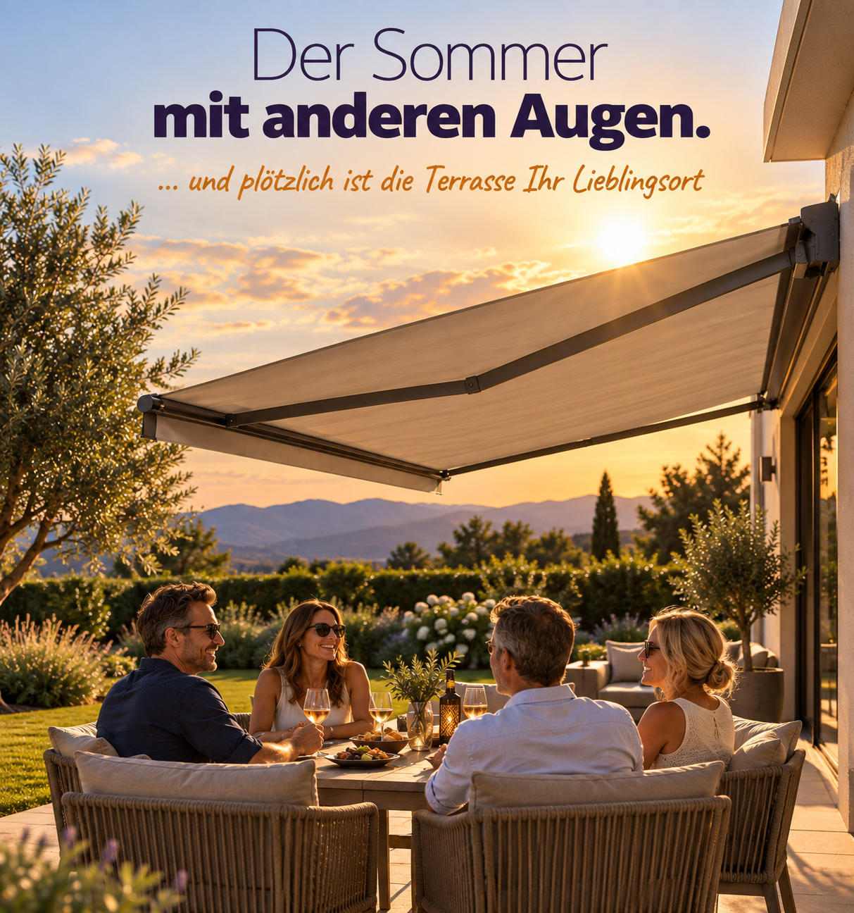 Freunde genießen den Sonnenuntergang im Garten unter einer Markise - der Sommer mit anderen Augen